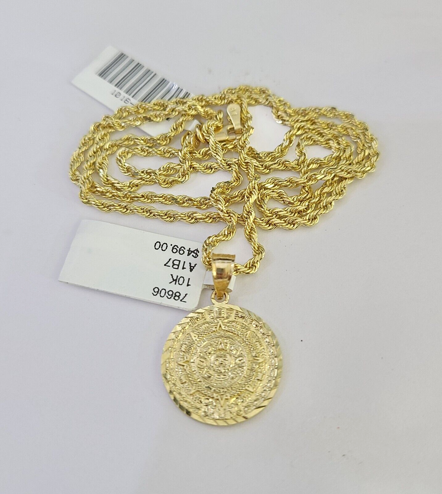 10k Solid Rope Chain Mayan Calendar Pendant Charm Necklace 18-24" SET 2mm